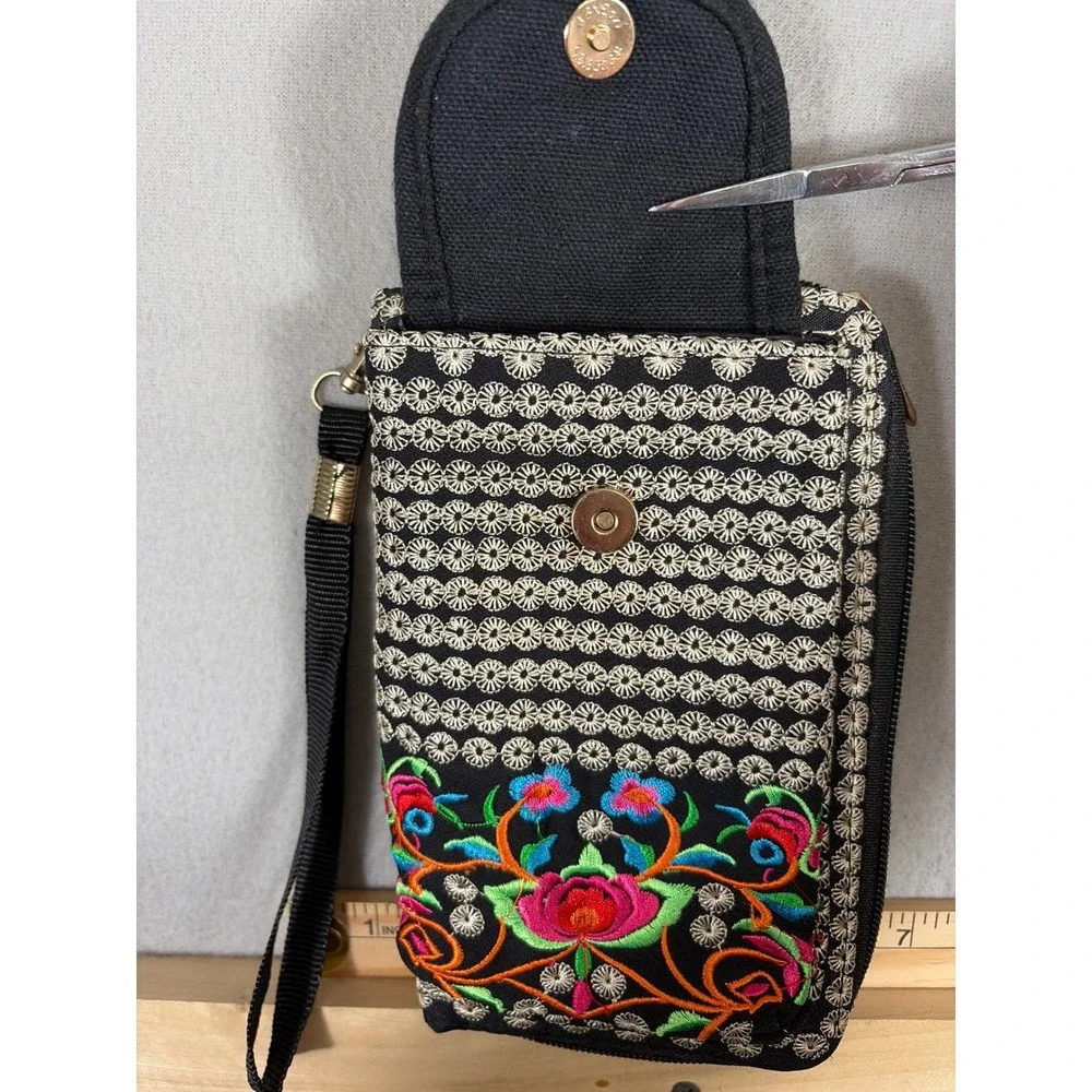 Boho Floral Embroidered Wristlet‎ Wallet Phone Case Black Canvas Folk Art Style